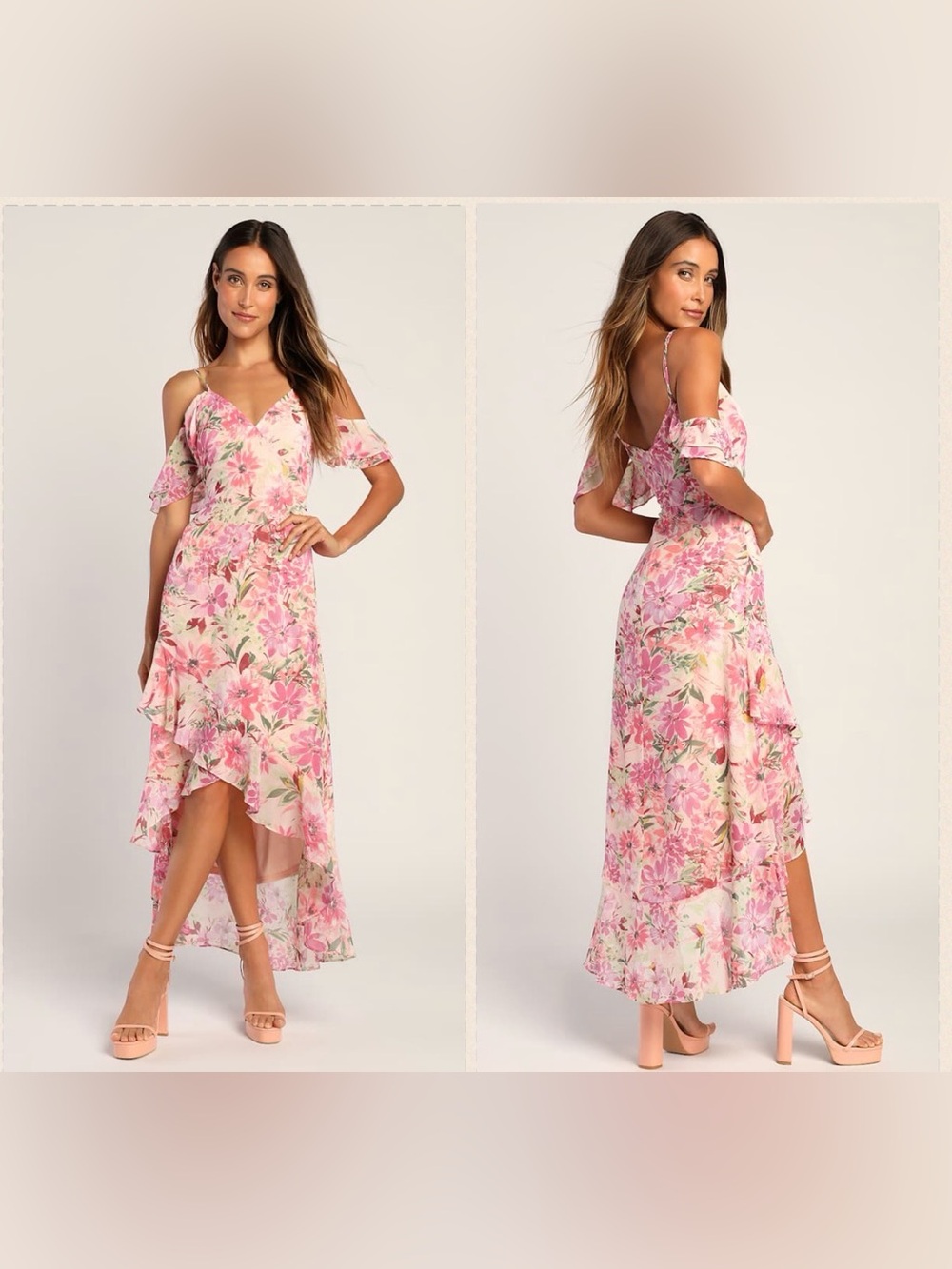 Lulu's Pink Floral Cold-Shoulder High-Low Maxi Dress